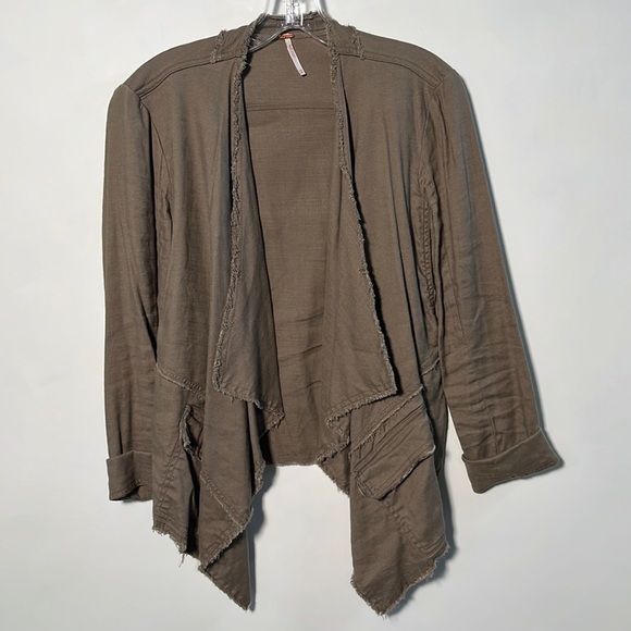 FREE PEOPLE Boho Waterfall Open Front Linen Buckle Raw Hem Distressed Jacket XS - Picture 4 of 16